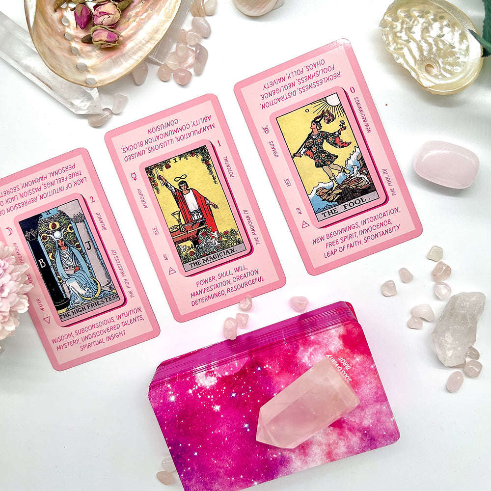 pink tarot deck three card spread the high priestess the magician the fool  tarot cards